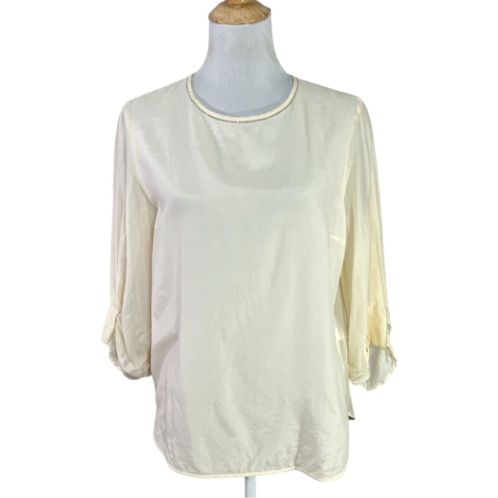 Peserico Bead Embellished Cotton Silk Organza Blouse in Sand Beige Size 44/US 8